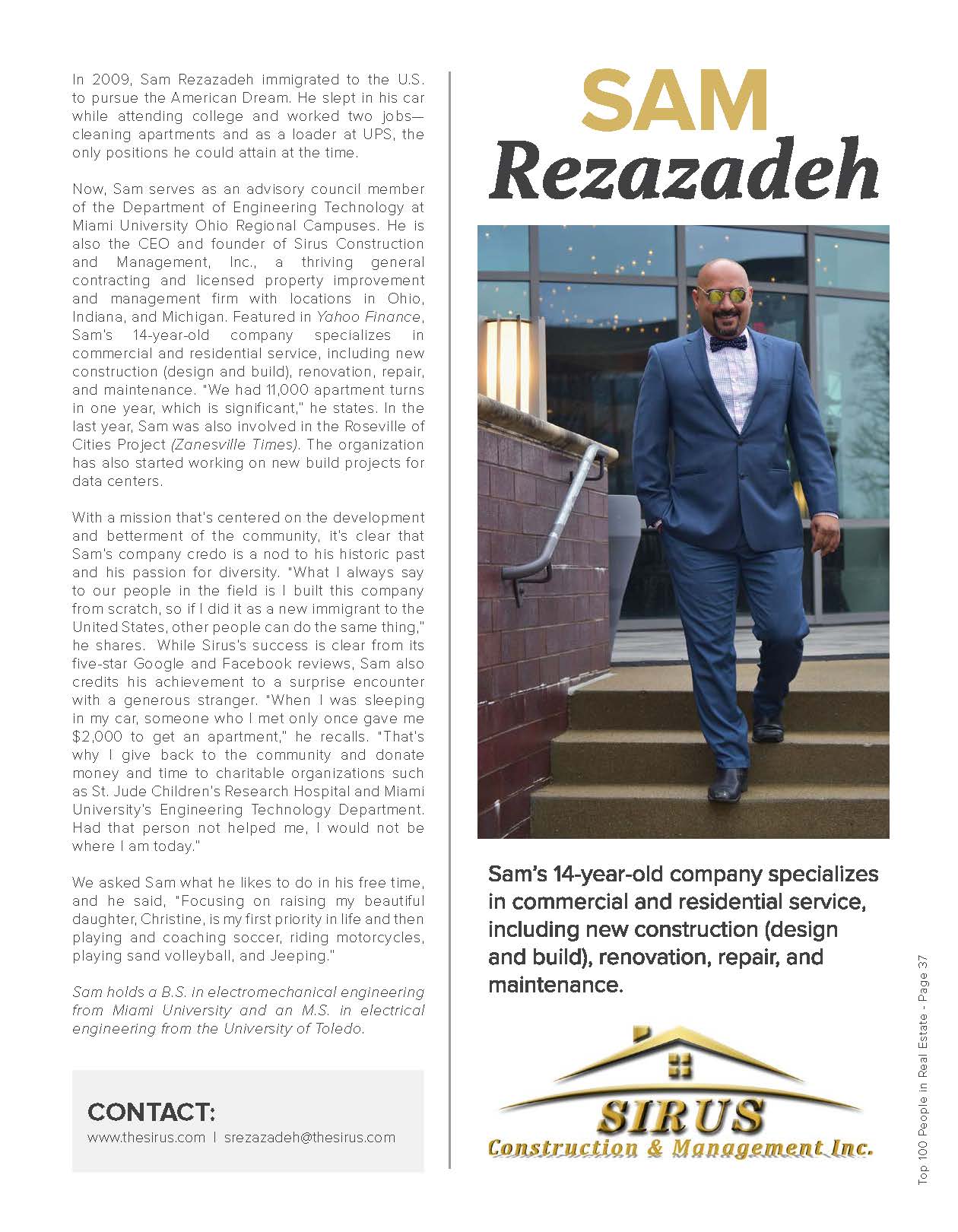 Sam Rezazadeh — Founder of Sirus Construction and Management